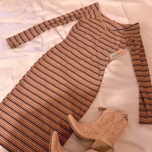 Striped Midi Dress in Tan and Black - Unbranded